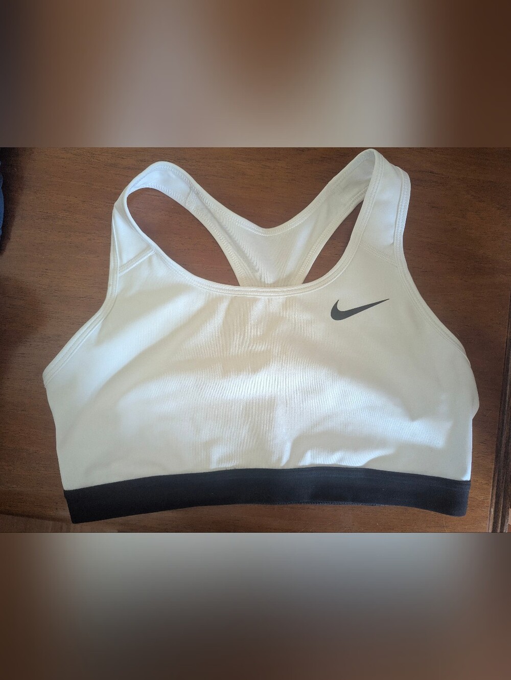 Nike White Racerback Sports Bra with Black Band and Swoosh